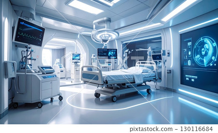 Clean and empty hospital room interior with a modern X-ray machine and a medical chair, ready for healthcare examinations Clean and empty hospital room interior with a modern X-ray machine and a medical chair, ready for healthcare examinations 130116684