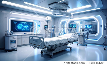 Clean and empty hospital room interior with a modern X-ray machine and a medical chair, ready for healthcare examinations Clean and empty hospital room interior with a modern X-ray machine and a medical chair, ready for healthcare examinations 130116685