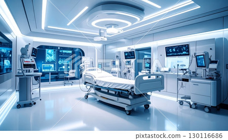 Clean and empty hospital room interior with a modern X-ray machine and a medical chair, ready for healthcare examinations Clean and empty hospital room interior with a modern X-ray machine and a medical chair, ready for healthcare examinations 130116686