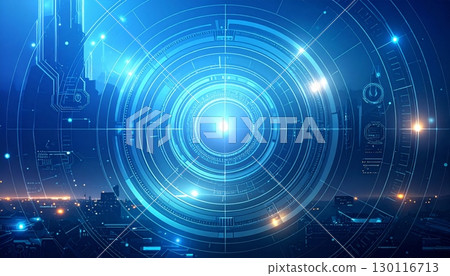 Futuristic digital blue light circles glow on an abstract technology backdrop illustrating a global communication concept 130116713