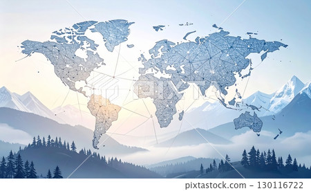 Blue abstract business concept of a world map with binary code and continents 130116722
