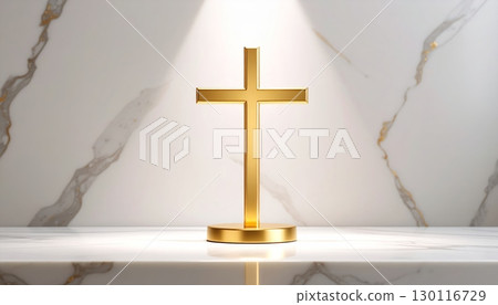 A golden crucifix against a heavenly blue sky symbolizes hope, faith, and spirituality A golden crucifix against a heavenly blue sky symbolizes hope, faith, and spirituality 130116729