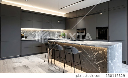 Contemporary luxury kitchen interior design with wooden floor, new cabinets, and modern furniture Contemporary luxury kitchen interior design with wooden floor, new cabinets, and modern furniture 130116829