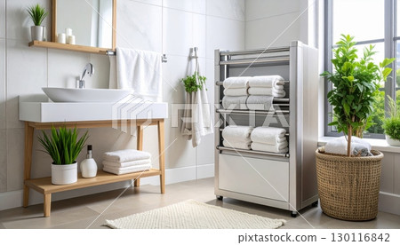 Modern home interior with white bathroom furniture and wooden floor 130116842