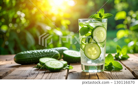 Fresh and healthy organic green cucumbers on a rustic wooden table 130116870