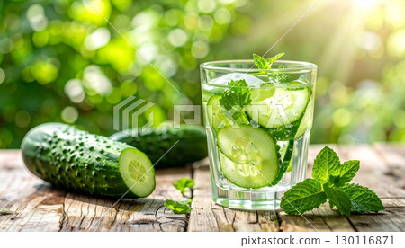 Fresh and healthy organic green cucumbers on a rustic wooden table Fresh and healthy organic green cucumbers on a rustic wooden table 130116871