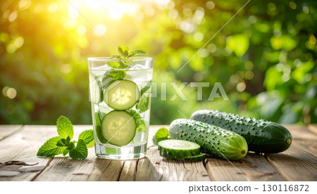 Fresh and healthy organic green cucumbers on a rustic wooden table Fresh and healthy organic green cucumbers on a rustic wooden table 130116872