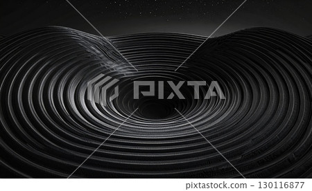 Metallic 3D circle with a star design on a black vinyl record, an abstract music background with a sky texture, and light patterns 130116877