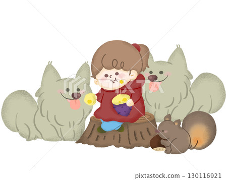 一個孩子坐在樹樁上,和森林動物一起吃烤地瓜的插圖 一個孩子坐在樹樁上,和森林動物一起吃烤地瓜的插圖 130116921