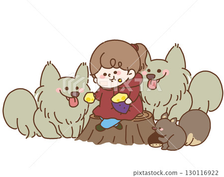 一個孩子坐在樹樁上,和森林動物一起吃烤地瓜的插圖 一個孩子坐在樹樁上,和森林動物一起吃烤地瓜的插圖 130116922