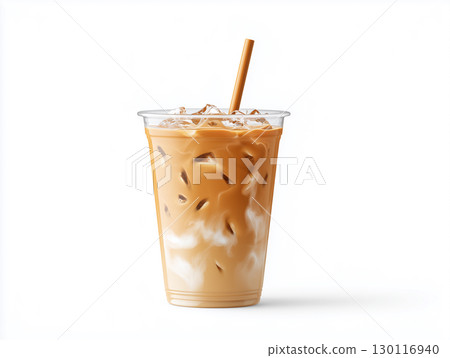 A milky iced cafe latte on a white background. A refreshing cafe-style iced drink. 130116940