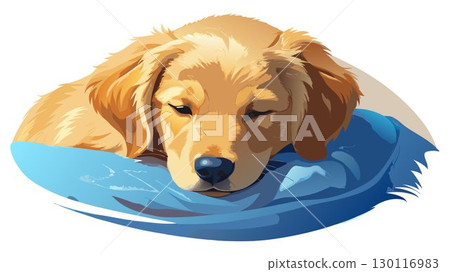 A Golden Retriever puppy, its golden fur gleaming softly in the light, sleeps peacefully curled up on a cozy blanket, its relaxed posture and peaceful expression creating a heartwarming and tranquil 130116983