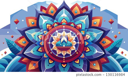 Vibrant colors create a mesmerizing effect in this intricate mandala pattern, its symmetrical design and detailed artwork creating a captivating and visually appealing image that evokes feelings of b Vibrant colors create a mesmerizing effect in this intricate mandala pattern, its symmetrical design and detailed artwork creating a captivating and visually appealing image that evokes feelings of b 130116984