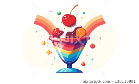 A bright red cherry and a rainbow of colorful sprinkles add pops of color and texture to a creamy ice cream sundae, its delicious layers and tempting flavors creating a visually appealing and indulge 130116991