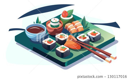 Small bowls of vibrant dipping sauces add pops of color and flavor to a delectable plate of sushi, its assorted rolls artfully arranged to showcase a variety of textures and tastes, creating a visual Small bowls of vibrant dipping sauces add pops of color and flavor to a delectable plate of sushi, its assorted rolls artfully arranged to showcase a variety of textures and tastes, creating a visual 130117016