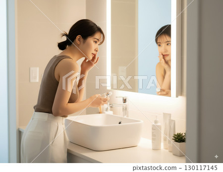 一個女人在浴室裡做皮膚護理 一個女人在浴室裡做皮膚護理 130117145