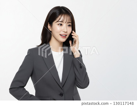 一位穿著西裝的女士正在用智慧型手機聊天 130117148