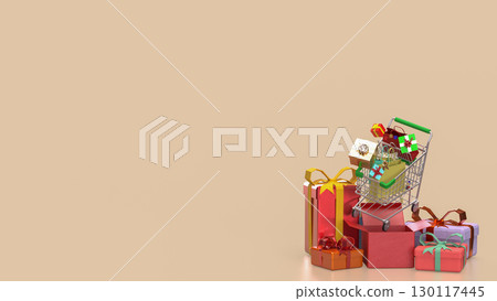 The Shopping Cart and Gift box for Holiday promotion concept 3d Rendering. 130117445