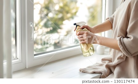 Window cleaning Image of a woman cleaning windows Natural interior 130117474