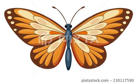An illustrated butterfly, with a dark blue body and symmetrical orange, brown, and beige wings, is centered against a plain white 130117590