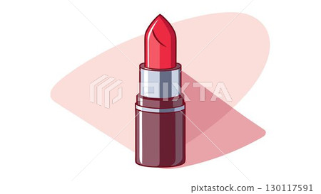 A lipstick tube with a glossy red hue is presented against a soft, pale pink backdrop, giving an impression of elegance and A lipstick tube with a glossy red hue is presented against a soft, pale pink backdrop, giving an impression of elegance and 130117591