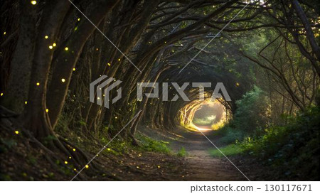 A path stretches through an enchanting forest tunnel with glowing 130117671