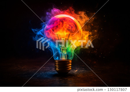 AI generated surreal artwork of a clear lightbulb with vibrant rainbow energy bursting outward symbolizing creativity imagination and inspiration 130117807