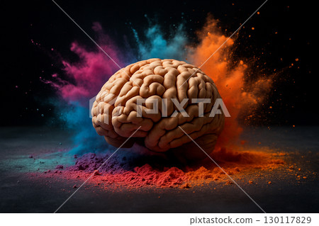 AI generated realistic human brain surrounded by bursts of vibrant powder colors symbolizing imagination creativity and limitless ideas with dynamic energy and artistic abstract design AI generated realistic human brain surrounded by bursts of vibrant powder colors symbolizing imagination creativity and limitless ideas with dynamic energy and artistic abstract design 130117829