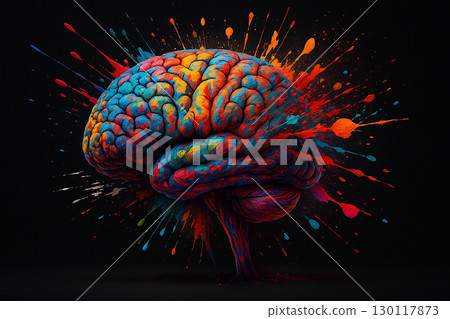 AI generated abstract digital art of a human brain side view with vibrant paint splash explosion symbolizing creativity inspiration and limitless imagination 130117873