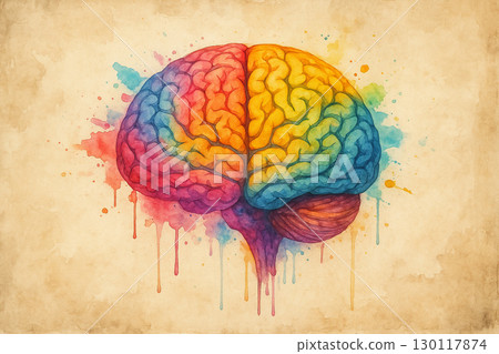 AI generated abstract watercolor brain with vivid rainbow tones symbolizing creativity imagination knowledge and unlimited inspiration on vintage textured background 130117874