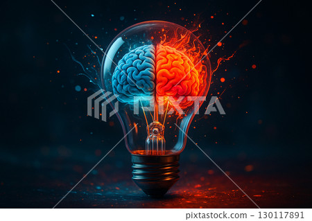 AI generated surreal artwork of a lightbulb containing a colorful human brain symbolizing creativity innovation logic and imagination with glowing sparks and vibrant energy 130117891
