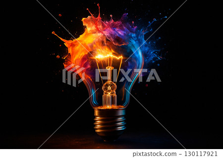 AI generated concept art of a glowing lightbulb exploding with vibrant colors symbolizing imagination energy inspiration and creative power on dark background 130117921