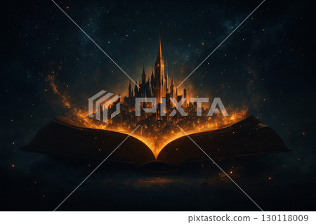 AI generated a magical scene of an ancient book opening to reveal a glowing golden city under a starry night sky filled with mystery fantasy and inspiration 130118009