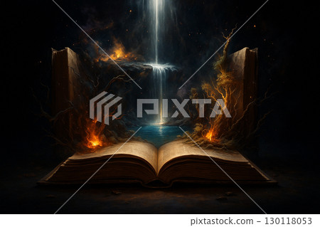 AI generated artwork of an open ancient book glowing with golden light releasing a magical world with waterfall fire and enchanted forest in a surreal fantasy atmosphere 130118053