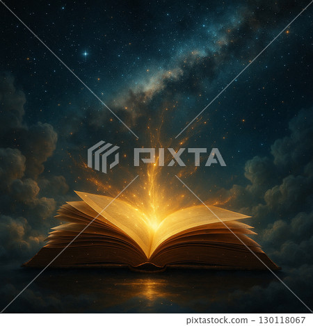 AI generated fantasy artwork of an ancient open book floating among clouds glowing with radiant golden light connecting to a starry night sky symbolizing wisdom imagination and mystical cosmic power 130118067
