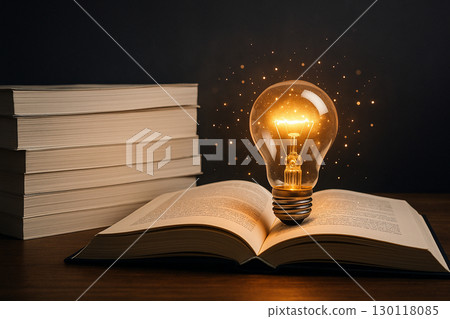 AI generated glowing golden light bulb resting on open book with stack of books beside it surrounded by spark particles symbolizing knowledge learning creativity inspiration and wisdom AI generated glowing golden light bulb resting on open book with stack of books beside it surrounded by spark particles symbolizing knowledge learning creativity inspiration and wisdom 130118085