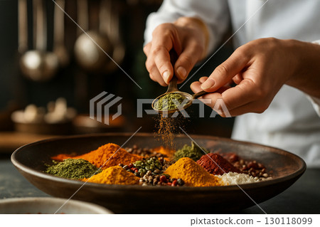 AI generated a food photography scene of a chef carefully sprinkling colorful spices onto a dish capturing creativity warmth and culinary artistry in the kitchen 130118099
