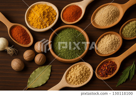 AI generated photo of assorted spices in wooden spoons and bowls on rustic table with vibrant colors of turmeric chili herbs and nutmeg creating warm aromatic atmosphere 130118100