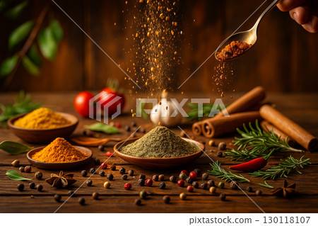AI generated food photography of spices and herbs arranged on wooden table with spoon sprinkling powder creating warm vibrant and aromatic cooking atmosphere 130118107