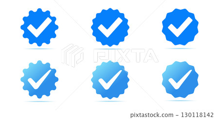 Verified Checkmark Icons in Light Blue Gradient. Verification blue approved check mark badges. 130118142