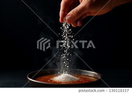 AI generated hand sprinkling coarse salt into steaming soup with grains frozen in motion and rising smoke symbolizing flavor warmth freshness and the artistry of cooking 130118157