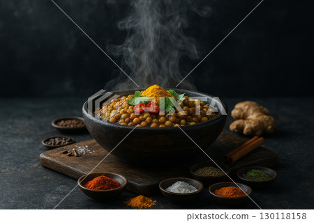 AI generated hot bowl of spiced lentils with turmeric chili and fresh herbs steaming with warmth surrounded by colorful spices on rustic wooden surface evoking flavor tradition creativity in cooking 130118158