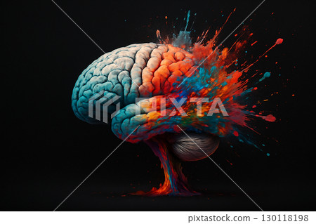 AI generated conceptual art of a realistic human brain with vibrant colorful explosion symbolizing imagination energy creativity and the fusion of science and art on dark background AI generated conceptual art of a realistic human brain with vibrant colorful explosion symbolizing imagination energy creativity and the fusion of science and art on dark background 130118198