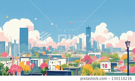 城市景觀和藍天(流行可愛的顏色) 城市景觀和藍天(流行可愛的顏色) 130118216