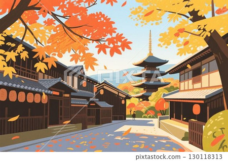 插畫素材：秋葉環繞的秋季京都 130118313