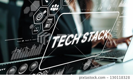 Modern Business Technology Stack Concept with Digital Interface and Data Visualization Elements. Asymptotic smart data analytic 130118328