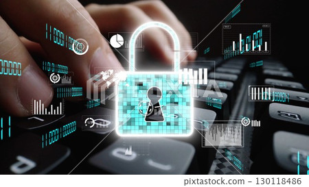 Concept of Cyber Security with Hands Typing on Keyboard and Digital Lock Imagery Representing Protection and Privacy in the Online World xenic 130118486