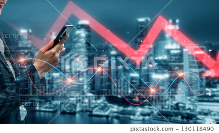Economic Crisis with Financial Downtrend Arrow and Volatile Market Graph Muxer 130118490