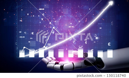 Futuristic Robot Hand Presenting Rising Graph with Financial Data and Digital Symbols in a Technology-Driven Environment Copula 130118740