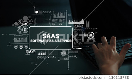 Modern Digital Concept of SaaS with Graphical Data Analytics and Technology Symbols on Dark Background. Asymptotic smart data analytic 130118788
